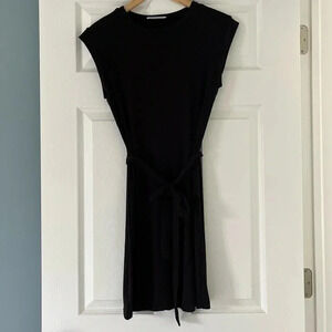 Charlotte Avery Dress Black Ribbed Stretchy Short Sleeve with Tie
